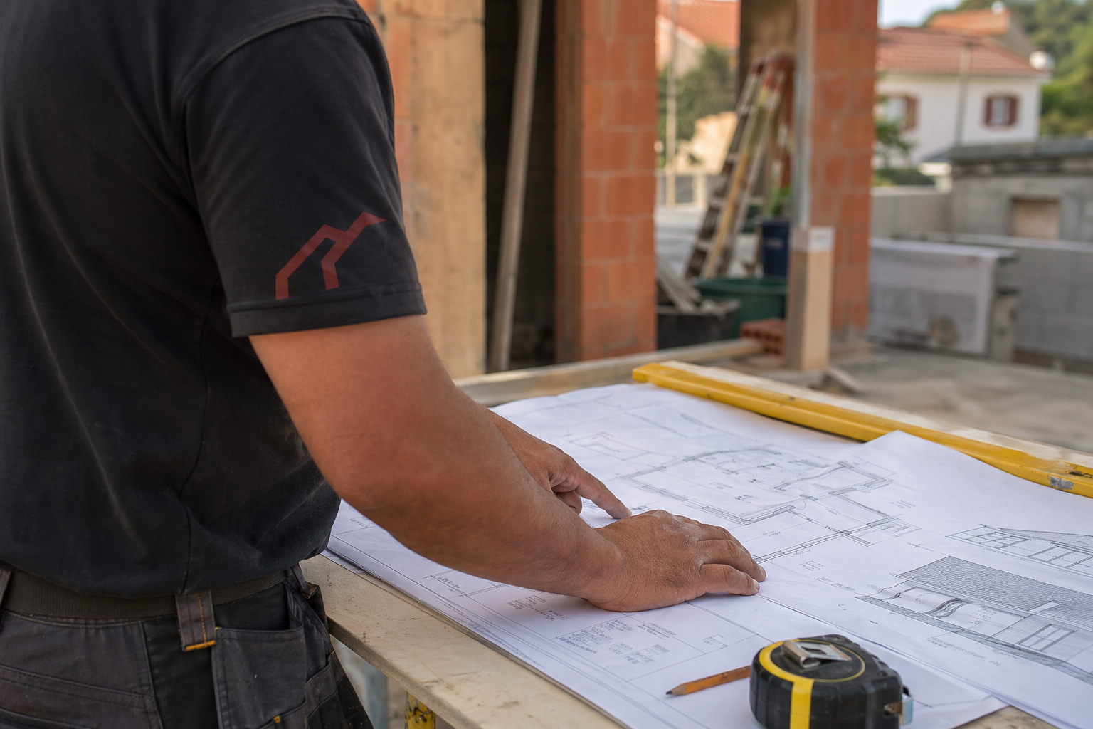 Profissional a analisar uma planta de obra